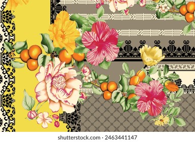 Digital Flowers Motif Design Watercolor Illustration. Design for Cover, Fabric, Textile, Wrapping paper Background Pattern