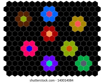 Digital flowers on black hexagonal background.