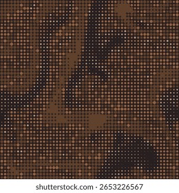 Digital fluid camouflage. Seamless camo chocolate pattern. Halftone dots background. Chameleon or snake skin. Dark brown color mosaic. Abstract texture for print on fabric, textile or paper. Vector