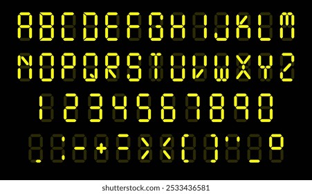 Digital fluorescent font. Display letters, numbers and punctuation marks. Electronic glowing alphabet. Calculator or tablo screen. Uppercase text symbols. Vector