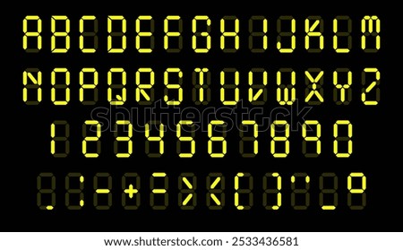 Digital fluorescent font. Display letters, numbers and punctuation marks. Electronic glowing alphabet. Calculator or tablo screen. Uppercase text symbols. Vector