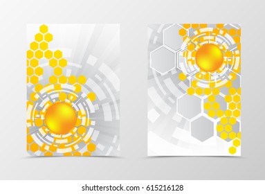 Digital flyer template design. Abstract flyer template with orange and gray hexagons of different size. Geometric flyer design. Vector illustration