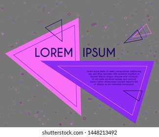 Digital flying triangles geometric banner vector design. Poster or flyer template with geometric confetti - triangles, circles, squares, cross, zigzag shapes. Banner graphic design with text place.