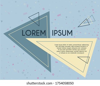 Digital flying triangles geometric banner vector design. Poster or flyer template with geometric confetti - triangles, circles, squares, cross, zigzag shapes. Banner composition with text place.