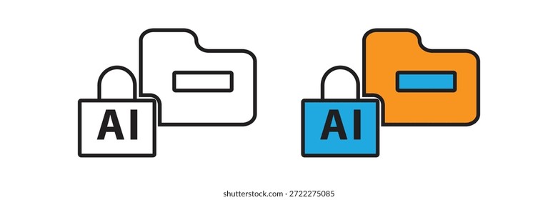 Carpeta digital combinada con un icono de candado AI. Perfecto para representar bases de datos cifradas, almacenamiento seguro de archivos y aprendizaje automático privado.
