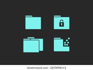 Colección de icono de glifo de carpeta digital en color de neón cian incluye con una sola carpeta, grupo de carpetas, icono de carpeta bloqueada y dañada