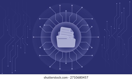 Ilustração de pasta digital com documentos cercados por linhas de circuito simbolizando dados armazenamento de informações fluxo de informações tecnologia de gerenciamento de arquivos organização e projeto de processamento digital seguro