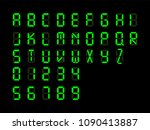 Digital font. Alarm clock letters and number isolated on black background. Vector illustration. Eps 10.