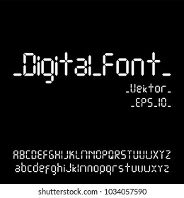 Digital font. Alarm clock letters. Numbers and letters set for a digital watch and other electronic devices. Vector alphabet isolated.