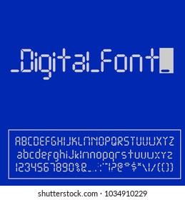 Digital font. Alarm clock letters isolated on blue background. Numbers and letters set for a digital watch and other electronic devices. Vector alphabet isolated.