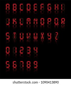 Digital font. Alarm clock letters and number isolated on black background. Vector illustration. Eps 10.