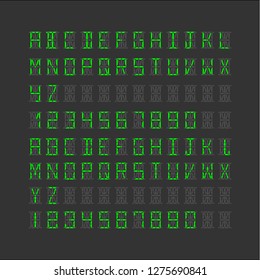 Digital font Alarm clock letters and number isolated on black background Vector illustration