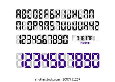 Digital font, alarm clock letters, and numbers. Vector illustration
