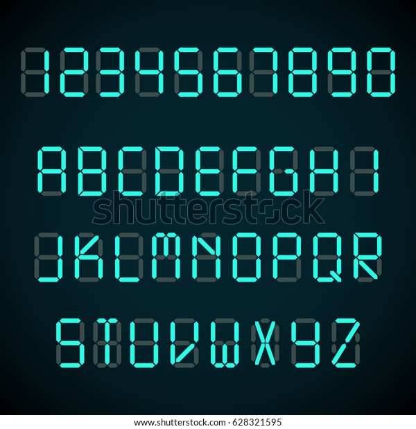 Digital font, alarm clock letters and numbers\
vector alphabet