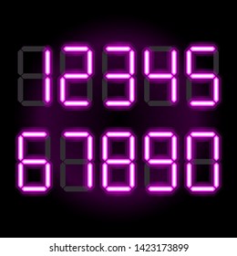 Digital font, alarm clock numbers. Vector template of glowing realistic digital pink symbol isolated on black background. Counter for dial and scoreboard.