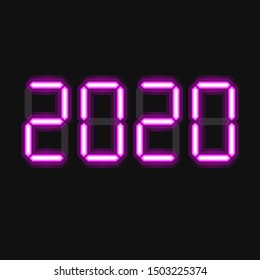 Digital font, alarm clock numbers. Vector template of glowing realistic digital pink symbol isolated on black background. Happy new year 2020.