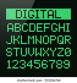 Digital Font, Alphabet And Numbers. Vector.