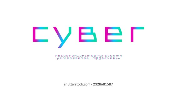 Digital font, digital bright alphabet, bright trendy Latin letters from A to Z and Arab numbers from 0 to 9 for you designs brand name or logo, vector illustration 10EPS