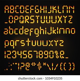 Digital font Isolated. Glowing realistic Digital alphabet. Alarm clock letters. Numbers and letters set for a digital watch and other electronic devices. Vector alphabet