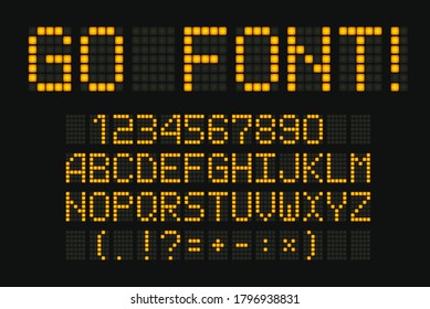 Digital font for led board, scoreboard, clock board. Yellow typeset for electronic display. Infoboard letters, signs and numbers collection on black background. svg