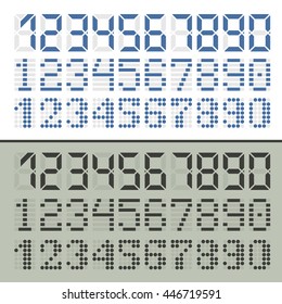 Digital font numbers. Three sets in two styles for time display.