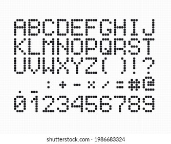 Digital font for scoreboards, vector typeface. Led display uppercase letters, numbers and symbols