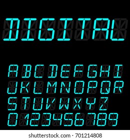 Digital Font Signs Made Up From Sixteen Segments On Dark Background. Retro Alphabet