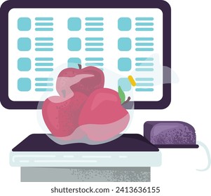Digital food scale with fresh apple and measuring tape. Healthy dieting and nutrition balance. Cooking and lifestyle concept vector illustration.