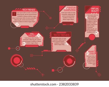 digitale Fußnoten und Flachbildschirme. Isolierte Annotationen von rotem interaktivem Text in digitalen Inhalten, Vektorset