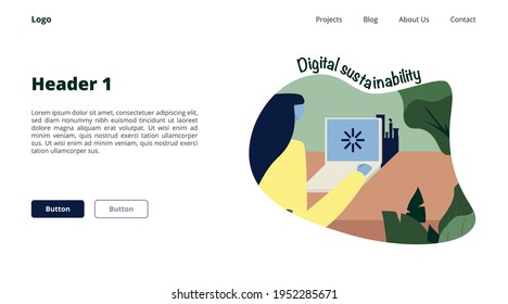 Digital footprint concept. Girl with laptop connected to internet. Data sustainability. Hand drawn cartoon style. Website landing page UI Design