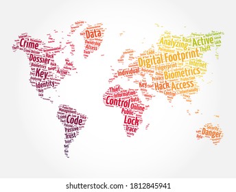 Digital footprint word cloud in shape of world map, concept background