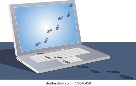 Digital Footprints Crossing A Laptop Screen And Following Outside, EPS 8 Vector Illustration