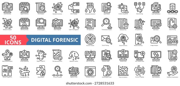 Ilustración de estilo de esquema de conjunto de iconos forenses digitales que contiene datos, recuperación, evidencia, archivo, análisis, imágenes de disco, extracción de metadatos, registro, respuesta a incidentes, investigación, auditoría, malware