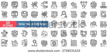 digital forensic icon set outline style illustration. containing data, recovery, evidence, file, analysis, disk imaging, metadata extraction, log, incident response, investigation, audit, malware