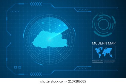 Digital frame technology Map of Bhutan radar vector HUD, GUI, UI interface.