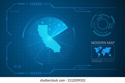 Digital frame technology Map of California radar vector HUD, GUI, UI interface.