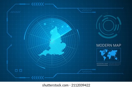 Digital frame technology Map of England radar vector HUD, GUI, UI interface.