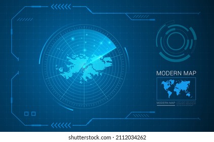 Tecnología de cuadro digital Mapa del vector de radar de las Islas Falkland HUD, GUI, interfaz de interfaz de usuario.
