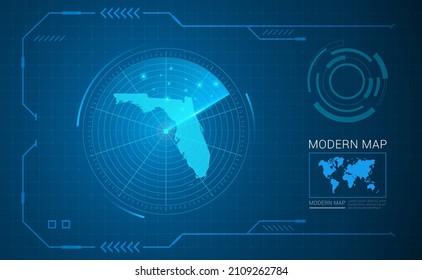 Digital frame technology Map of Florida radar vector HUD, GUI, UI interface.