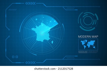 Digitale Frame Technologie Karte von Frankreich Radar Vektor HUD, GUI, UI-Schnittstelle.
