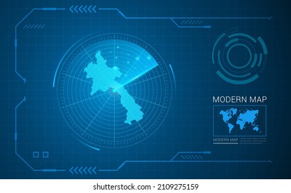 Digital frame technology Map of Laos radar vector HUD, GUI, UI interface.