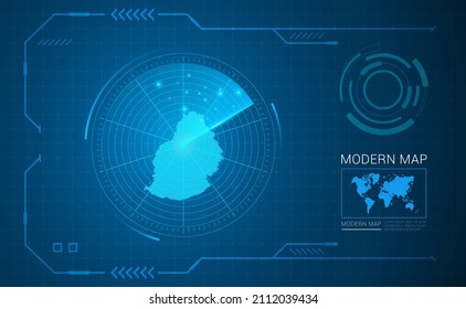 Digital frame technology Map of Mauritius radar vector HUD, GUI, UI interface.