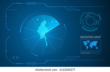 Digital frame technology Map of Myanmar radar vector HUD, GUI, UI interface.