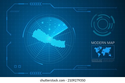Digital frame technology Map of Nepal radar vector HUD, GUI, UI interface.
