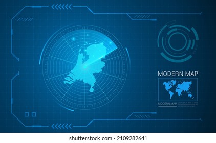 Digital frame technology Map of Netherland radar vector HUD, GUI, UI interface.