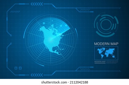 Digital frame technology Map of North America radar vector HUD, GUI, UI interface.