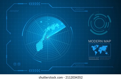 Tecnología de cuadro digital Mapa del vector de radar de Noruega HUD, GUI, interfaz de interfaz de usuario.