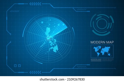 Digital frame technology Map of Philippines radar vector HUD, GUI, UI interface.