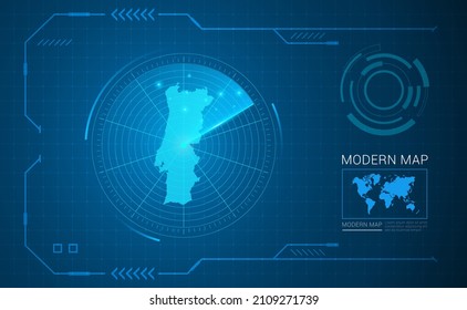 Digital frame technology Map of Portugal radar vector HUD, GUI, UI interface.