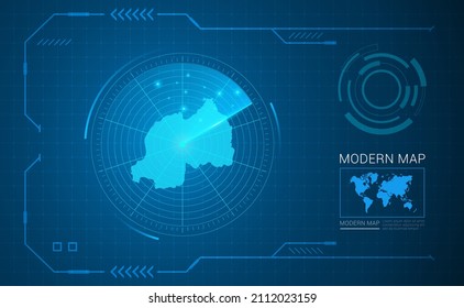 Digital Frame Technology Map Of Rwanda Radar Vector HUD, GUI, UI Interface.